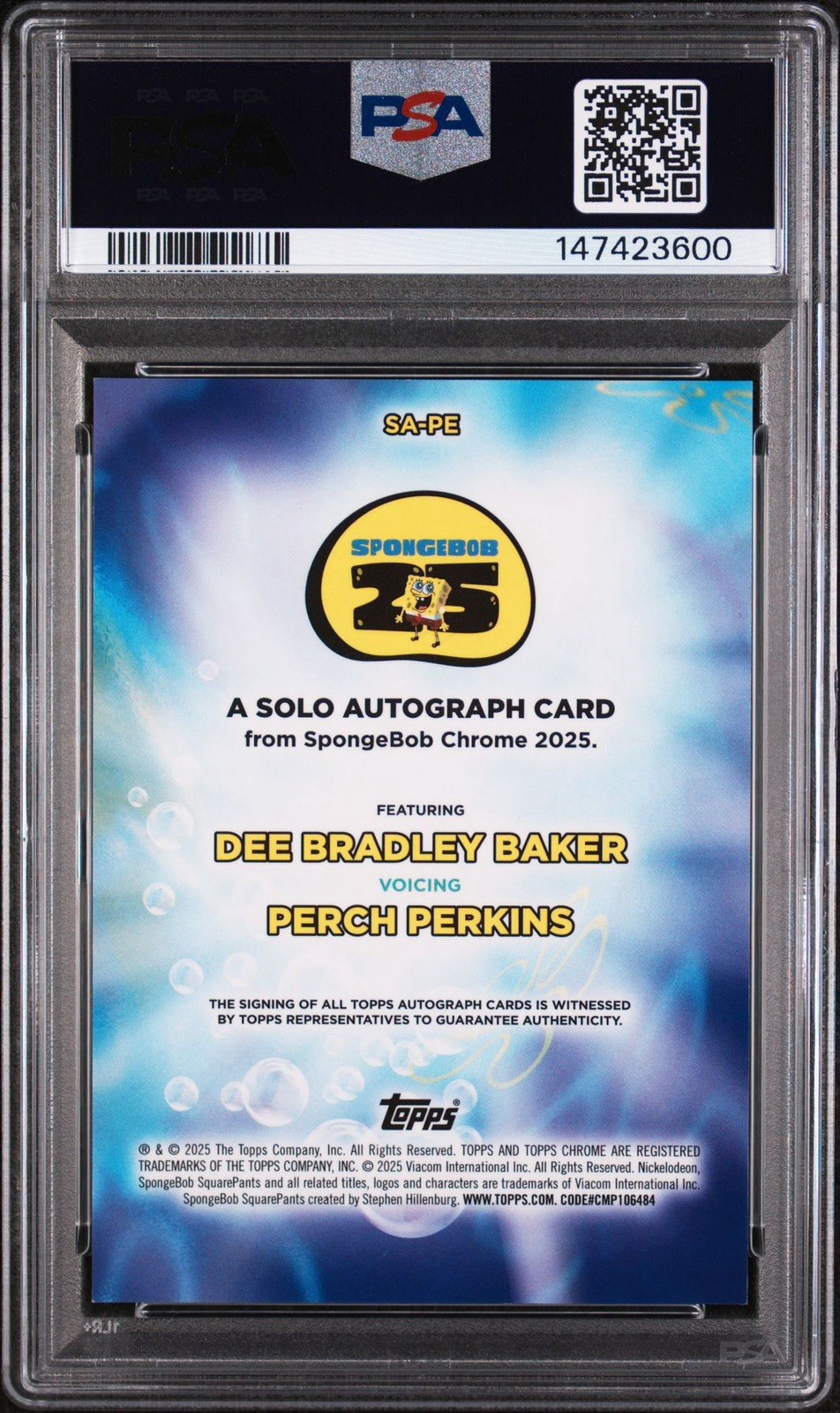 2025 Topps Chrome SpongeBob SquarePants Perch Perkins/Dee Bradley Baker Auto/50 view 3