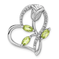 Sterling Silver Rhodium Peridot and White Topaz Rose Heart Chain Slide Pendant