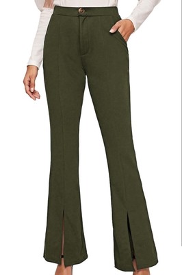 EVALESS Womens Small Moss Green Dress Pants High Waisted Flare Slim Stretch NWT