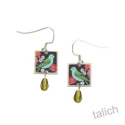 Lemon Tree Green Bird Blooming Branch Square Earrings with Bead Hypoallergenic