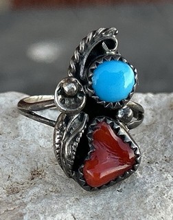Vtg Navajo 925 Sterling Silver Turquoise Coral Ring Leaf Native American Size 6