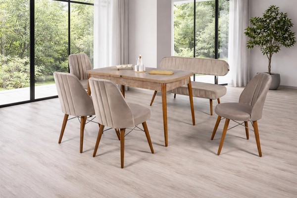 Esstisch 4X StüHle Bank Mit RüCkenlehne Esszimmer Stil Modern Farbe Braun-image