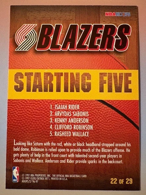 1996-97 Hoops Starting Five Blazers Rider/Sabonis/Anderson/Robinson/Wallace - Image 2 of 2
