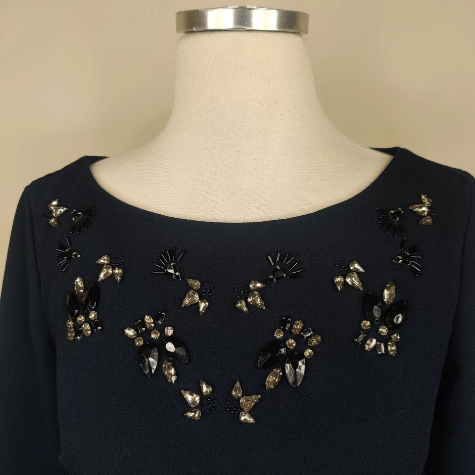 Vestido Banana Republic Talla 2 Joya Adornado Manga 3/4 Cambio Azul Marino Foto 3 de 4