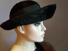 antique vintage black merino felt HAT with hair Gwen Pennington, SELENE Italy