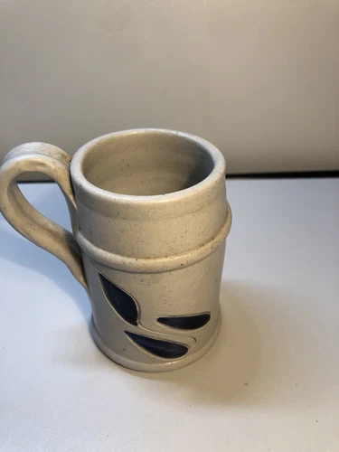 Vintage Williamsburg Pottery Mug Cup Salt Glaze Stoneware Cobalt Blue Leaves