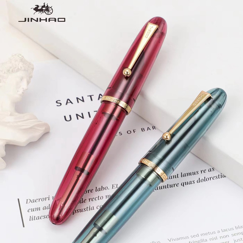 Jinhao 9019 - Set Di 3 Penne Stilografiche Con Pennino Medio #8 - Colori Assortiti (Nero, Blu Scuro, Rosso Vino) Con Finiture Oro, Convertitore Incluso
