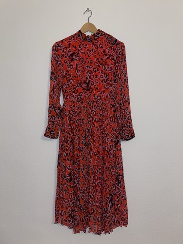 Whistles Red Jungle Cat Animal Leopard Print Pleated Midi Dress UK 8 / EU 36 - Bild 7 von 20