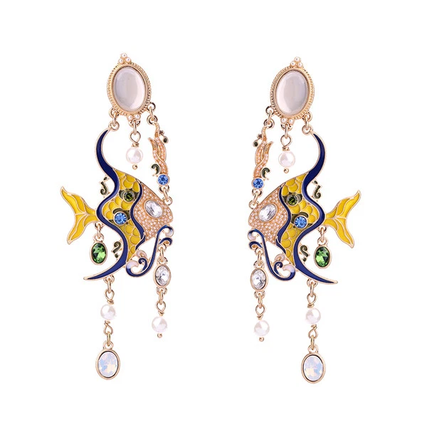 Ohrringe Clip Auf Golden Kerzenständer Fisch Emaille Gelb Blau Bommel X21 - Bild 3 von 4