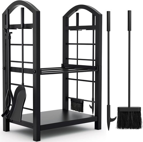 Indoor & Outdoor Log Rack with Elegant Toolset - Wrought Iron Fireplace Solution - Picture 10 of 10