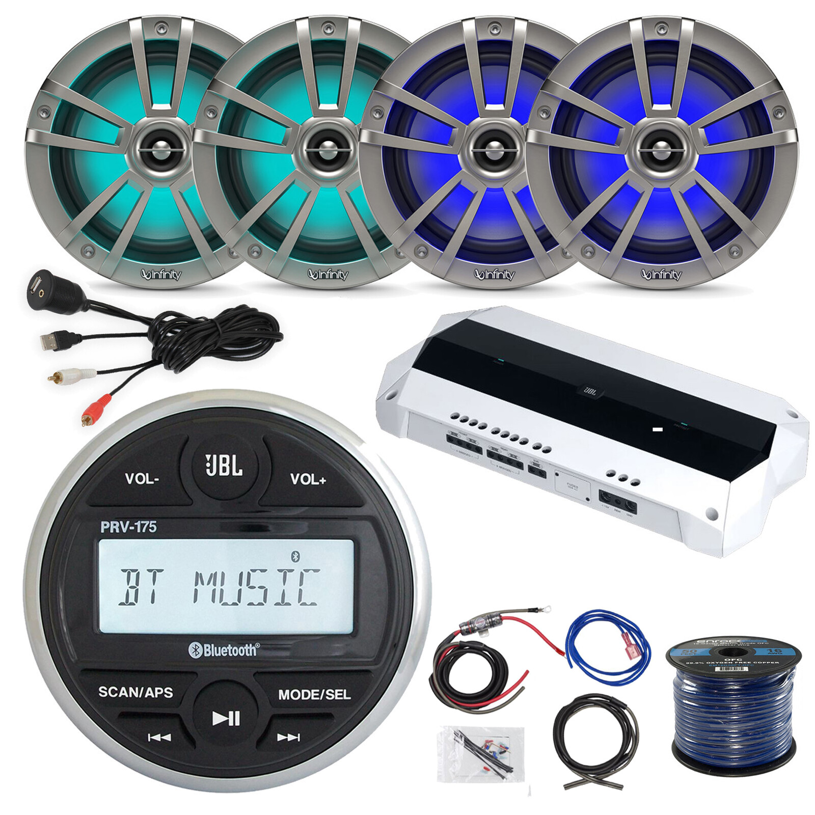 PRV175 Marine Bluetooth Reciever, 4x 6.5" 225W LED Speakers, Amp