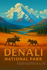 Denali National Park Vintage Poster – Alaska Wildlife & Mountain Printable Art