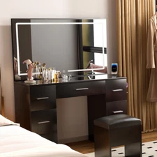 Vanity Makeup Table Dressing Desk Set Larger LED Lighted Mirror Stool Bedroom