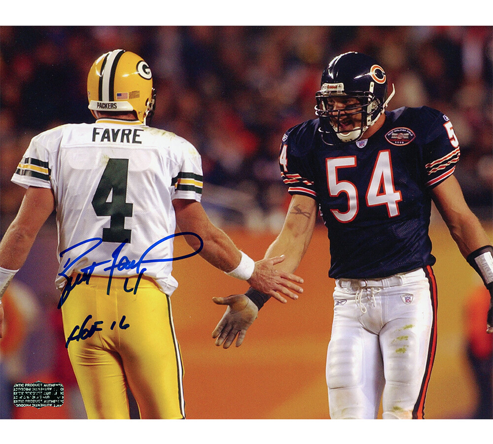 Brett Favre Autographed Signed Green Bay Packers 8x10 Photo - With Urlacher w- "HOF 16" Insc 