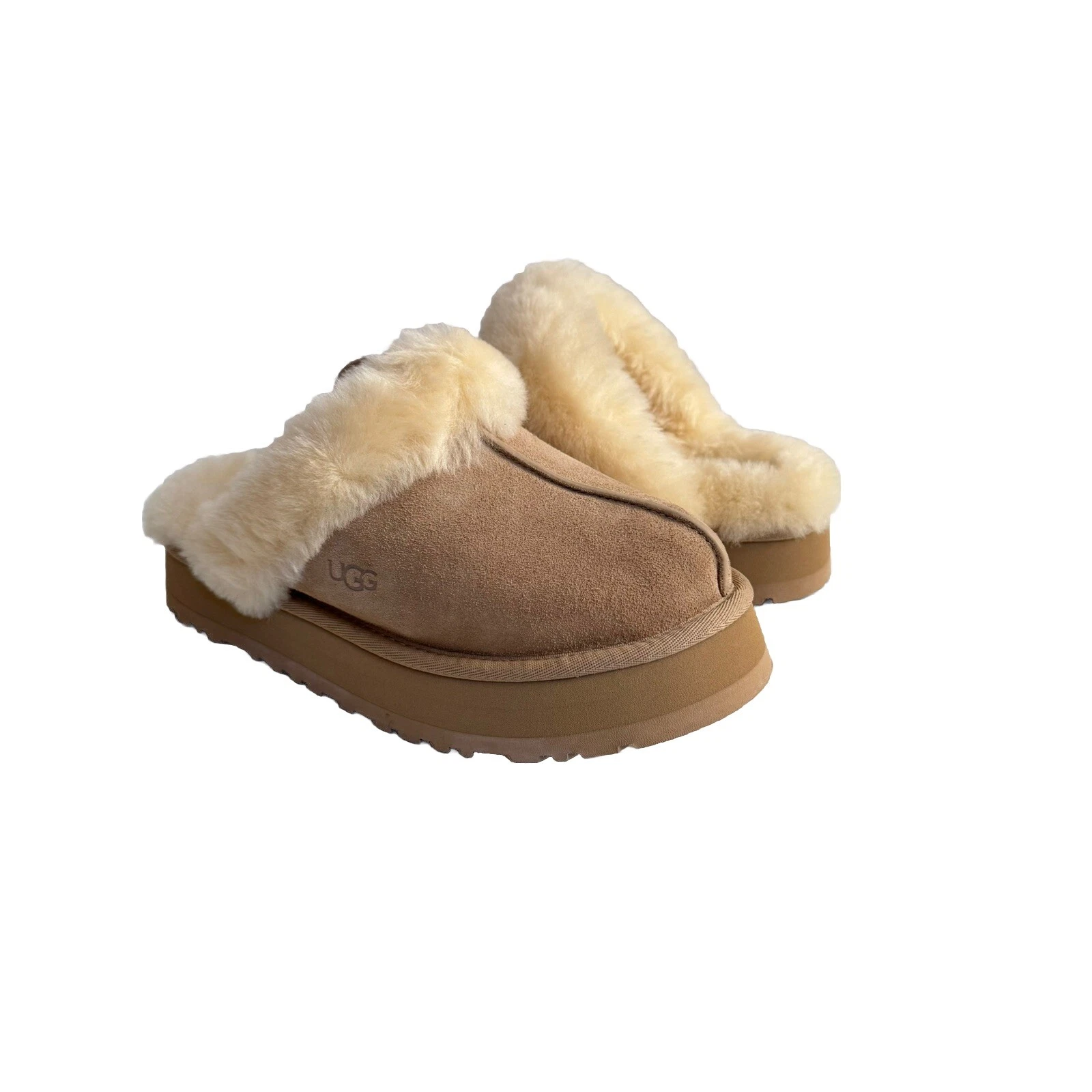 SANDALI UGG DISQUETTE SLIDE SABBIA SHEARLING POLSINO US 7 EU 38 UK 5
