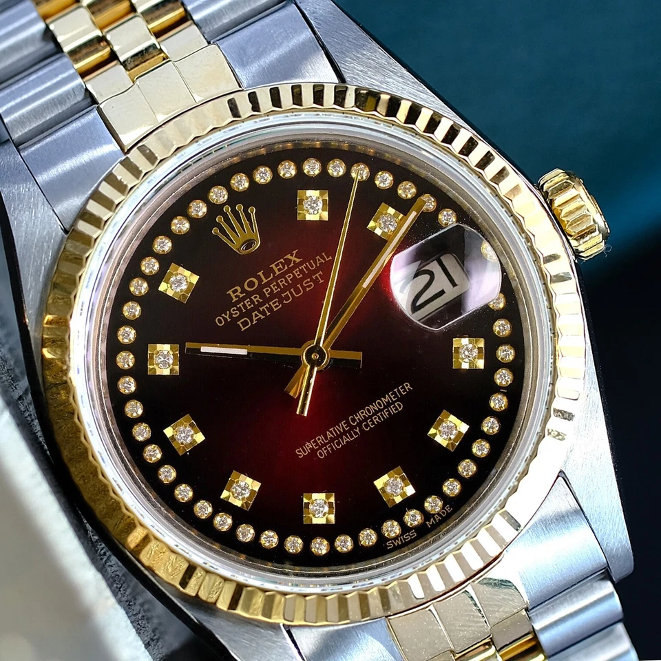 Reloj Rolex para hombre Datejust 18KY & SS esfera roja diamante bisel estriado con caja original