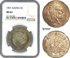 AI030, Austria, Franz Joseph, 5 Corona 1907, Vienna Mint, Silver, NGC MS62