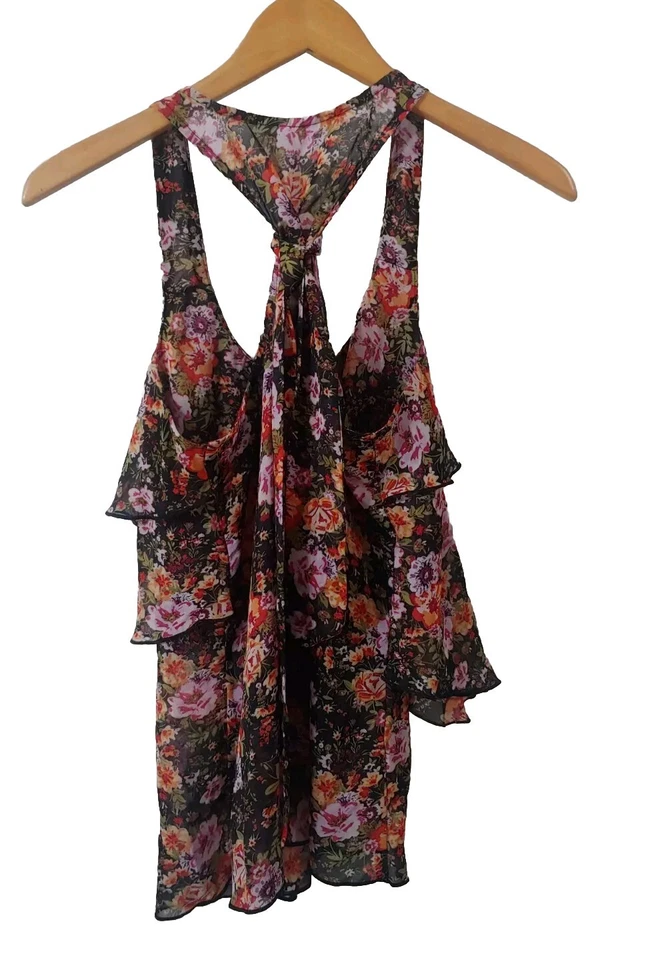 Top para mujer 6 grados S negro floral transparente en capas sin mangas cuello redondo espalda deportiva Foto 2 de 4