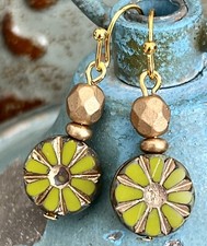 Gold and Green Czech Bead Earrings.