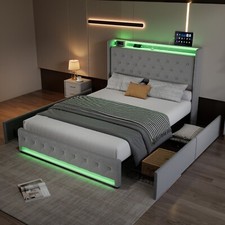 Double Plush Velvet Upholstered Bed Frame With LED Headboard and Storage Drawers