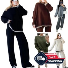 Womens Knitted Stitched Wide Leg 2 Pc Co-ord Set Split Suit Sweater Loungewear 