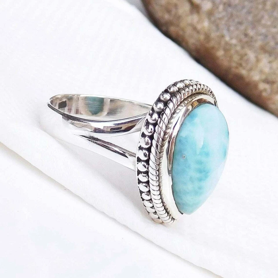 Bello Larimar Gemma 925 Argento Sterling Artigianale Anello Tutte le Misure m2 - Immagine 2 di 3