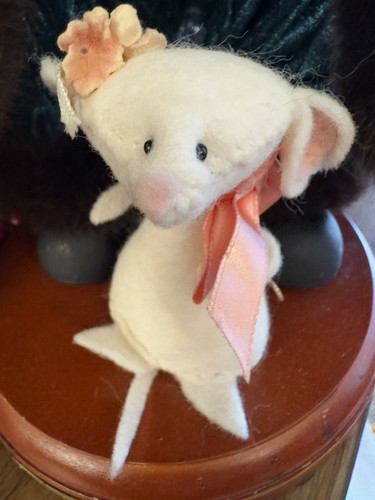 Vintage Handmade White Felt Mouse Handsewn Pink Ears Ribbon Paper flower 1970s