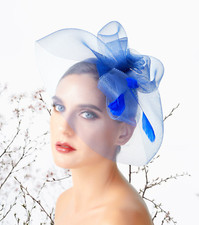 Royal Blue Feather Net Wedding Fascinator Woman Headpiece Cocktail Tea Party