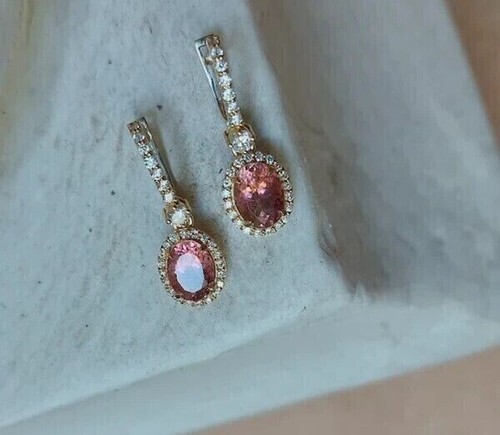 3Ct Oval Lab Created Peach Morganite Drop Dangle Earrings 14k Rose Gold Plated - Picture 3 of 3