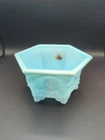 VINTAGE FENTON BLUE SATIN GLASS CHRYSANTHEMUM HEXAGON FOOTED PLANTER BOWL DISH
