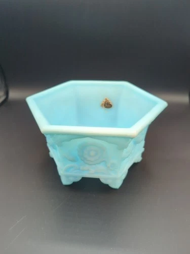 VINTAGE FENTON BLUE SATIN GLASS CHRYSANTHEMUM HEXAGON FOOTED PLANTER BOWL DISH