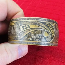 1933 Chicago World's Fair Cuff Brass Child’s Bracelet  Goodyear Blimp Skyline