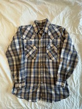 Vintage 70s Levis Pearl Snap Flannel Shirt Large Made In USA Navy/Tan/Yellow