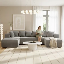 SOULART 130 U L-Shaped Cloud Couch, Boneless couch 5-Seater Corduroy Sofa, Grey