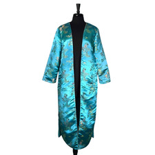 Free People Womens L Satin Jacquard Kimono Duster Blue Gold Embroidered Boho