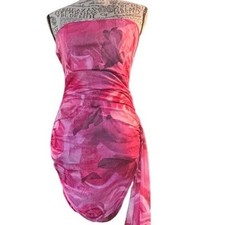 Fashion Nova Pink Rose Print Mini Dress Ruched Bodycon Party Strapless M