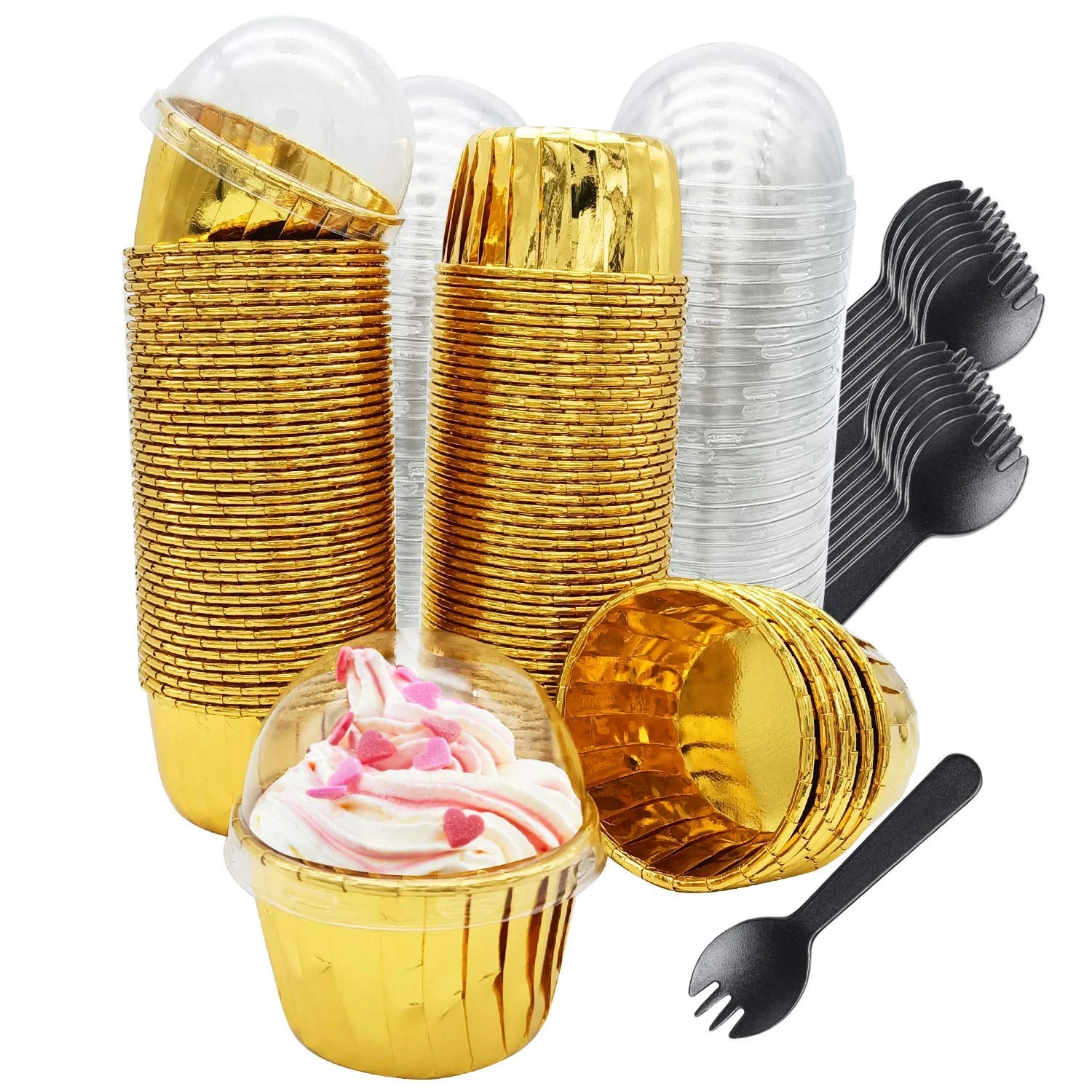 100 Pack Foil Cupcake Liners with Lids Cupcake Baking Cups for Wedding