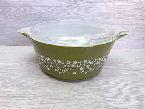 Vintage Pyrex Casserole Baking Dish With Lid Spring Blossom Olive Green - Picture 2 of 8