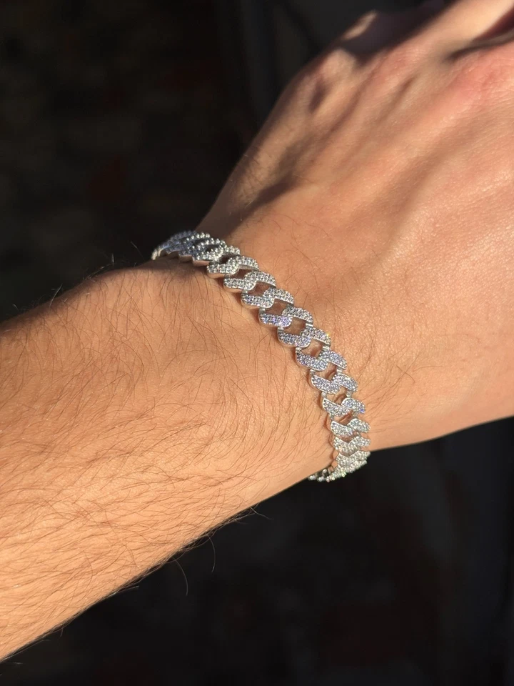 925 Sterling Silver Ice Out Moissanite Cuban White Gemstone Men Bracelet - Image 2 of 4