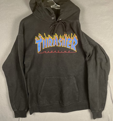 Thrasher Magazine Black With Blue Flame Logo Hoodie Skateboard Y2K SZ Small - Picture 2 of 6