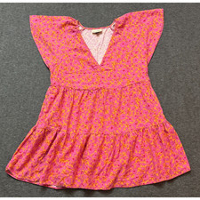 Universal Thread V-Neck Dress Pink Floral Linen Tiered Peasant Boho - Size L