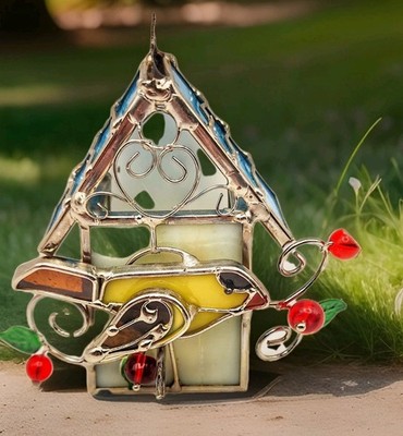 Stained Glass Birdhouse Suncatcher Yellow Bird Red Berries Window Ornament 5''