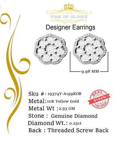 Micro pendientes florales de oro amarillo real de 10 K diamantes reales de 0,25 quilates para hombre/mujer - Imagen 5 de 12