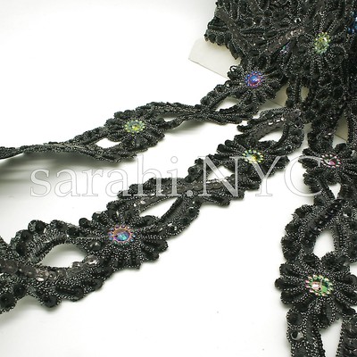 BLACK RHINESTONE MOTIF APPLIQUE sew trimming,edging,sequin,bead,EMBELLISHMENT
