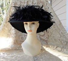 Vintage 100 Black Wool Bucket Hat W/Black Feathers Betmar New York 21 3/4"