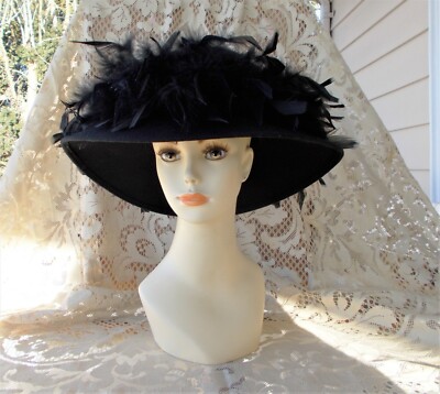 Vintage 100% Black Wool Bucket Hat W/Black Feathers Betmar New York 21 3/4