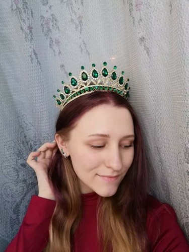 Emerald Crown Tiara Gold Green Gems Diamond Queen Princess Quinceanera Birthday - Picture 5 of 6