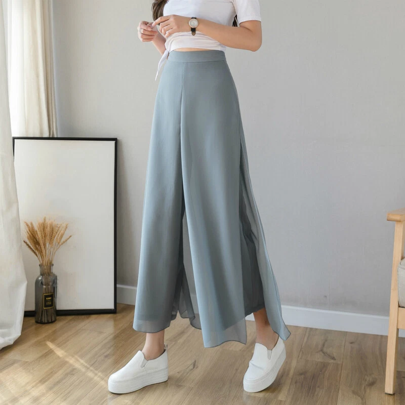 Women Chiffon Split Pants Wide Leg Trousers Sheer Culottes High Waist Dusty  Blue