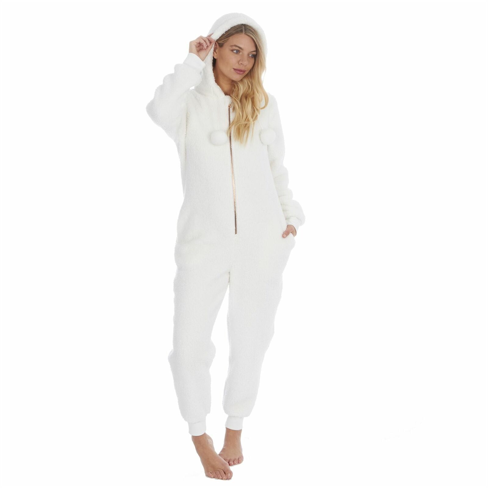 Ladies Soft Fluffy Snuggle Fleece Onezee Hooded All In One Borg PJs Jumpsuit