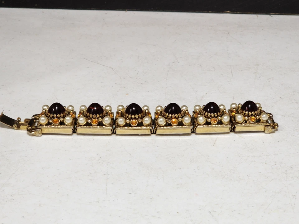 Impresionante Pulsera Gruesa Grande Renacimiento Victoriano Ámbar Cabujón Perla Estrás Foto 3 de 4